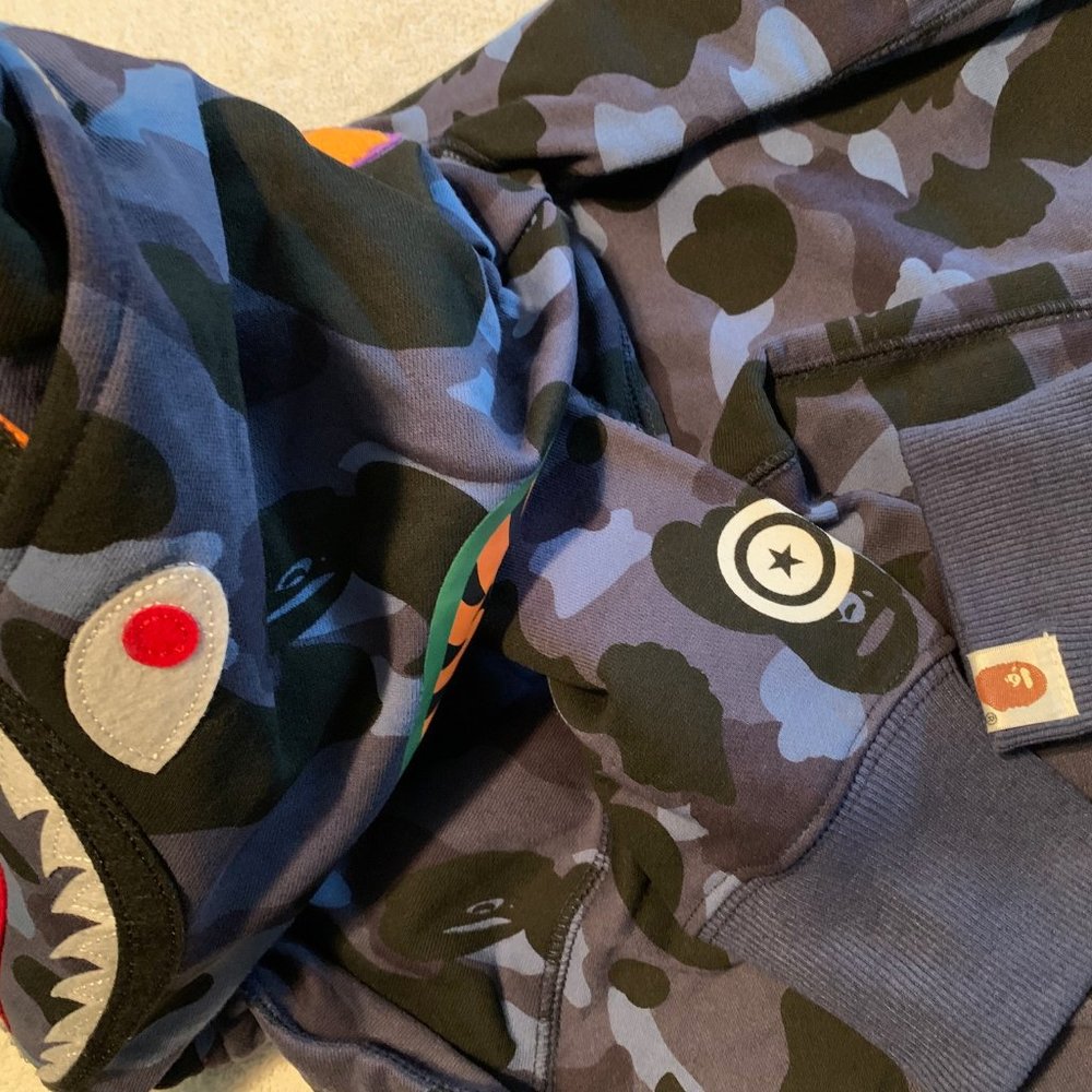Bape BLUE Camo Tiger Shark Wide Full Zip Double Hood Hoodie LARGE Bathing Ape - Picture 9 of 16